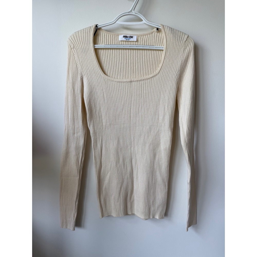Double Zero Cream Ribbed Long Sleeve Square Neck Knit Top Mystical Medium Ivory